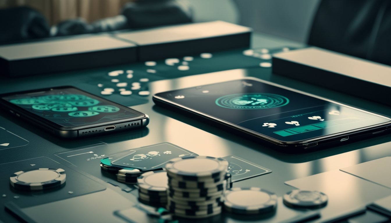 Ponsel dan tablet menampilkan permainan poker digital di atas meja dengan kartu dan keping poker.