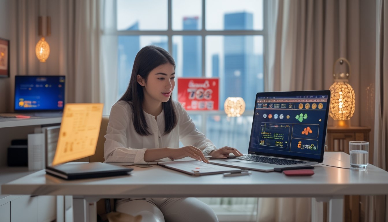 Orang dewasa mempelajari permainan kasino daring di laptop dalam ruang kerja modern dengan perlengkapan catatan.
