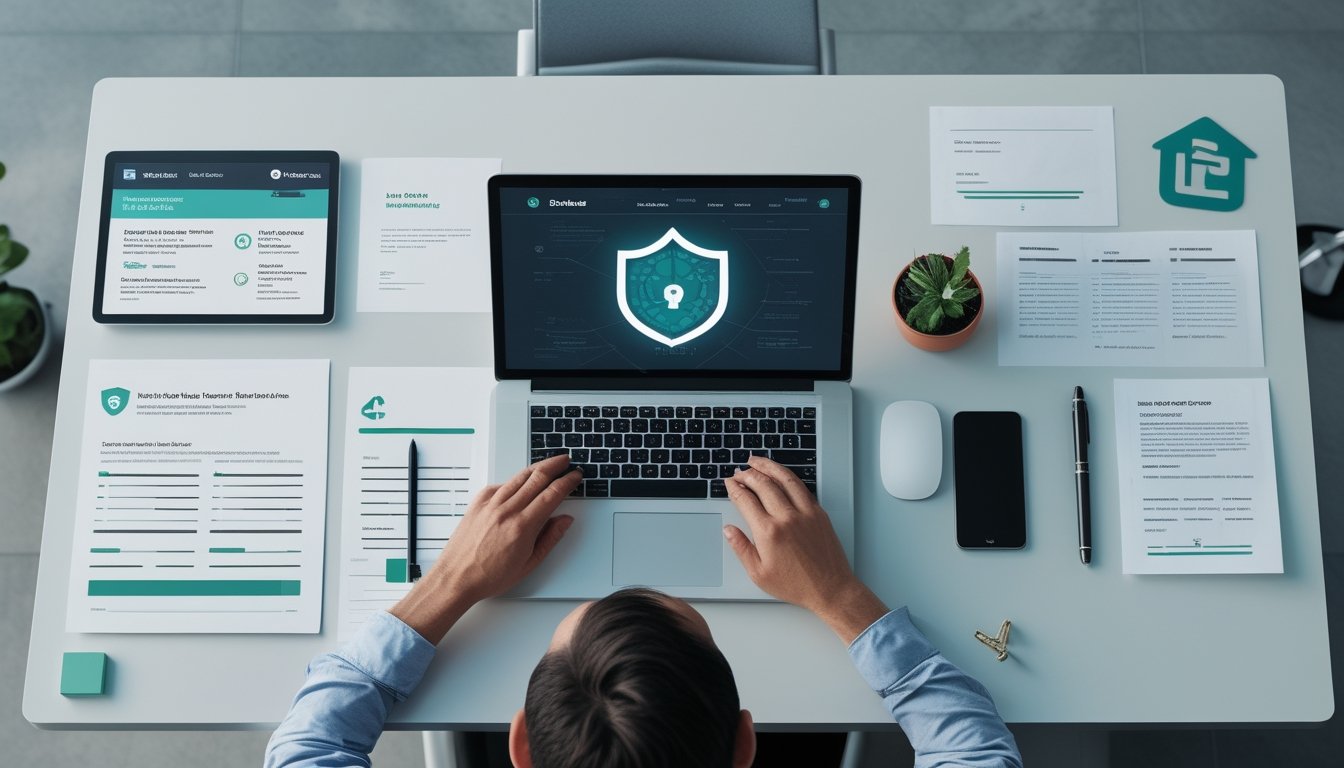 Seseorang meninjau keamanan dan legalitas platform daring di meja kerja dengan laptop, simbol gembok, dan dokumen.