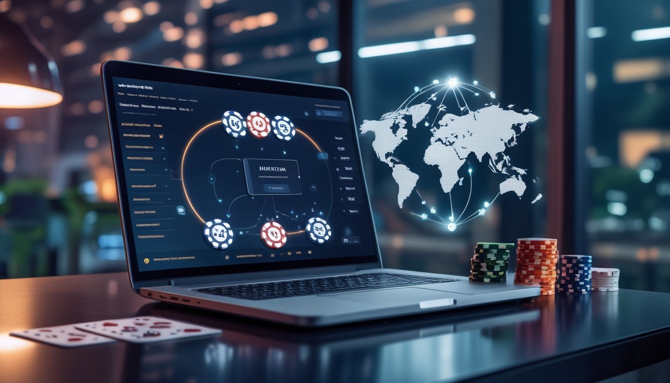 Laptop dengan tampilan turnamen poker digital abstrak, chip poker, dan kartu di meja dengan latar suasana kota Jakarta.