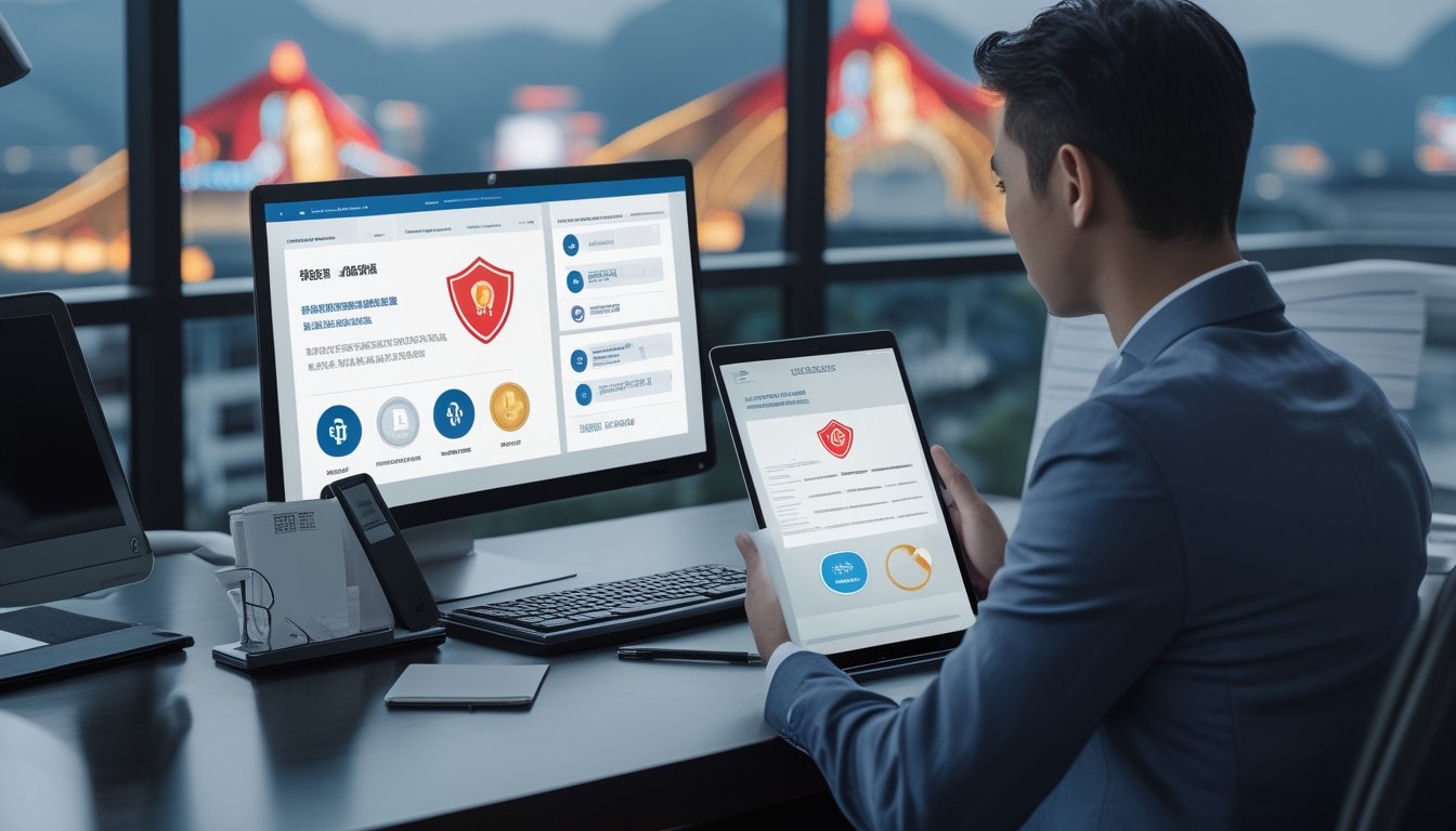 Seseorang memeriksa keamanan platform digital pada laptop di ruang kerja profesional.