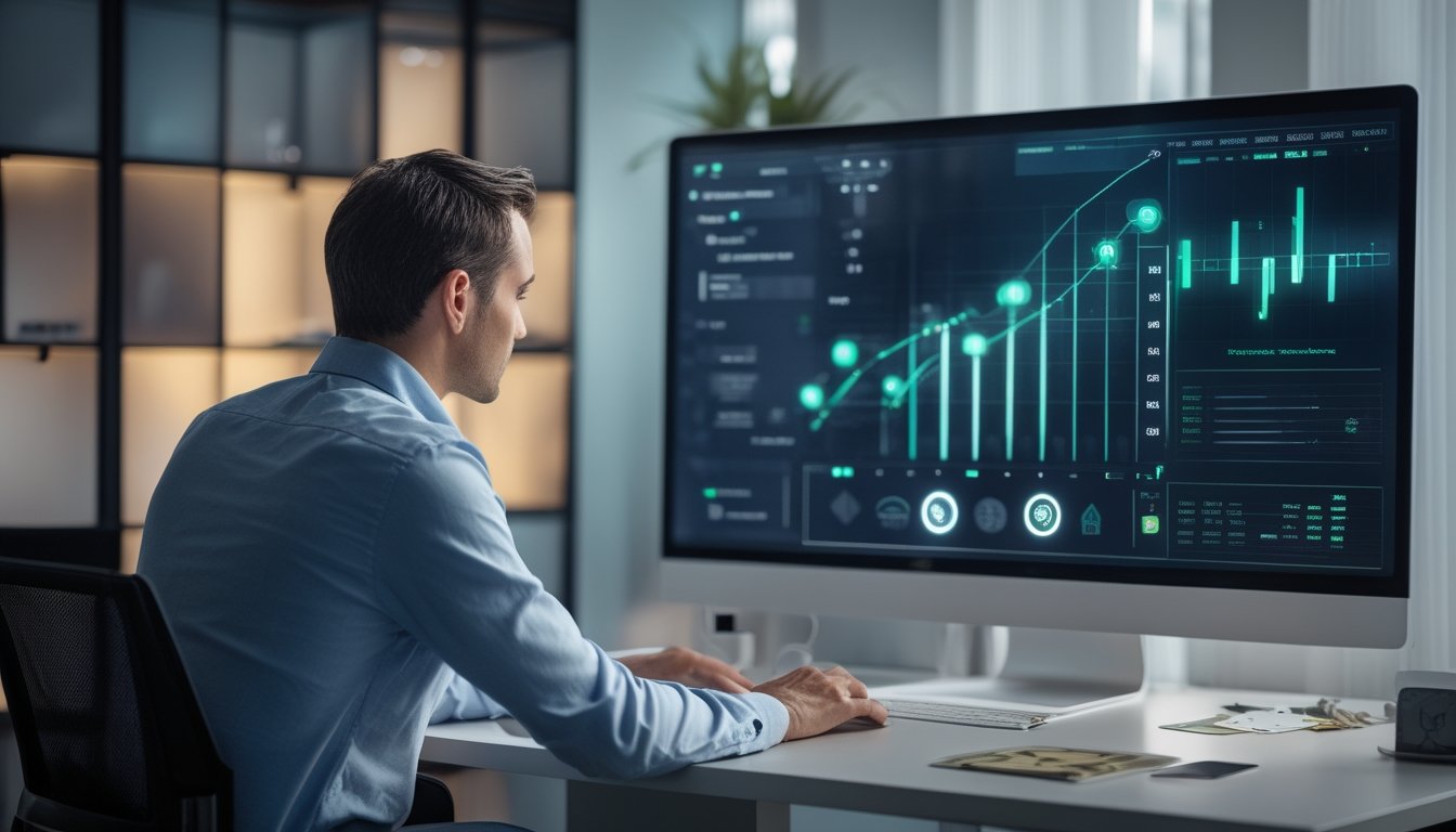 Pemain poker profesional melihat meja poker digital dengan kartu, chip, dan grafik kinerja di ruang kerja modern.