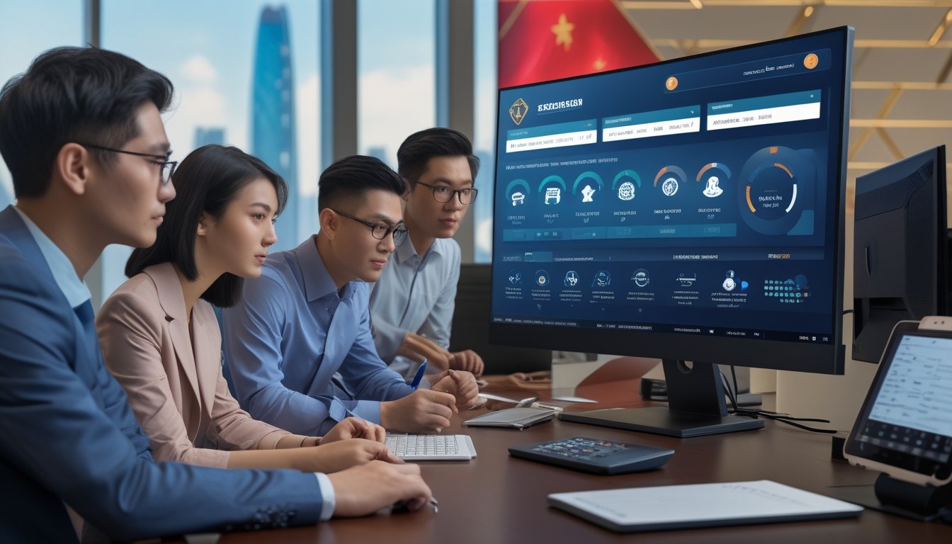 Tim analis dewasa membandingkan fitur platform digital di ruang kerja modern dengan latar siluet kota Macau.