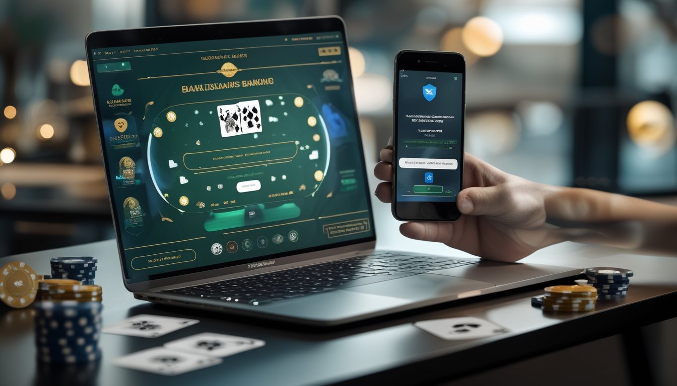 Laptop dan ponsel menampilkan permainan poker dengan simbol keamanan serta dukungan pembayaran perbankan digital.