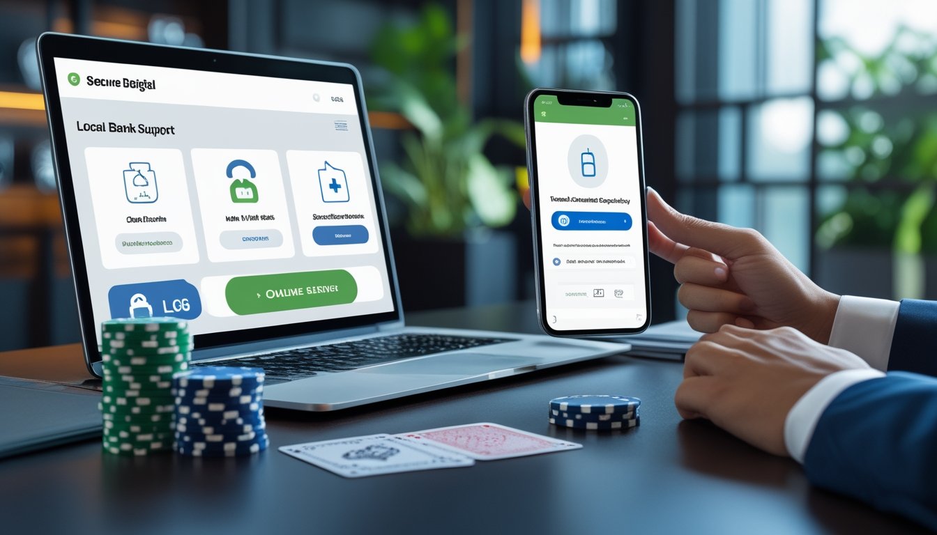Laptop, ponsel, kartu poker, dan keping poker tertata di meja dengan simbol keamanan digital.