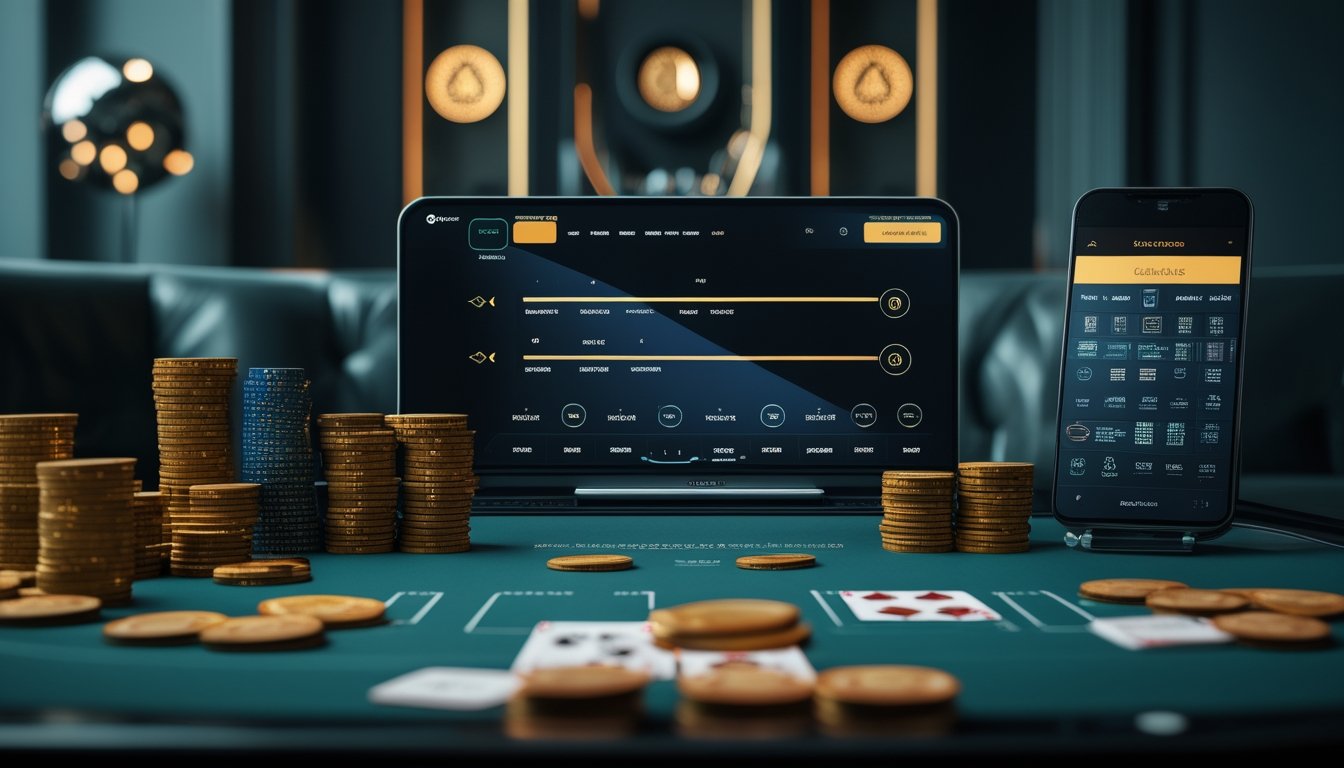 Meja poker dengan kartu, keping poker, dan perangkat digital yang menampilkan suasana permainan online.
