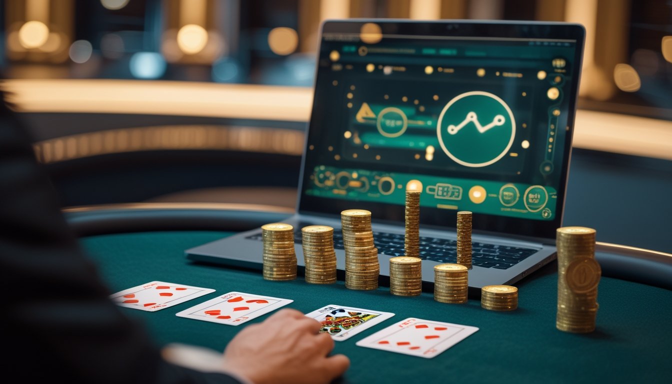 Meja poker dengan kartu, keping poker, laptop, dan simbol hadiah cashback serta rakeback.