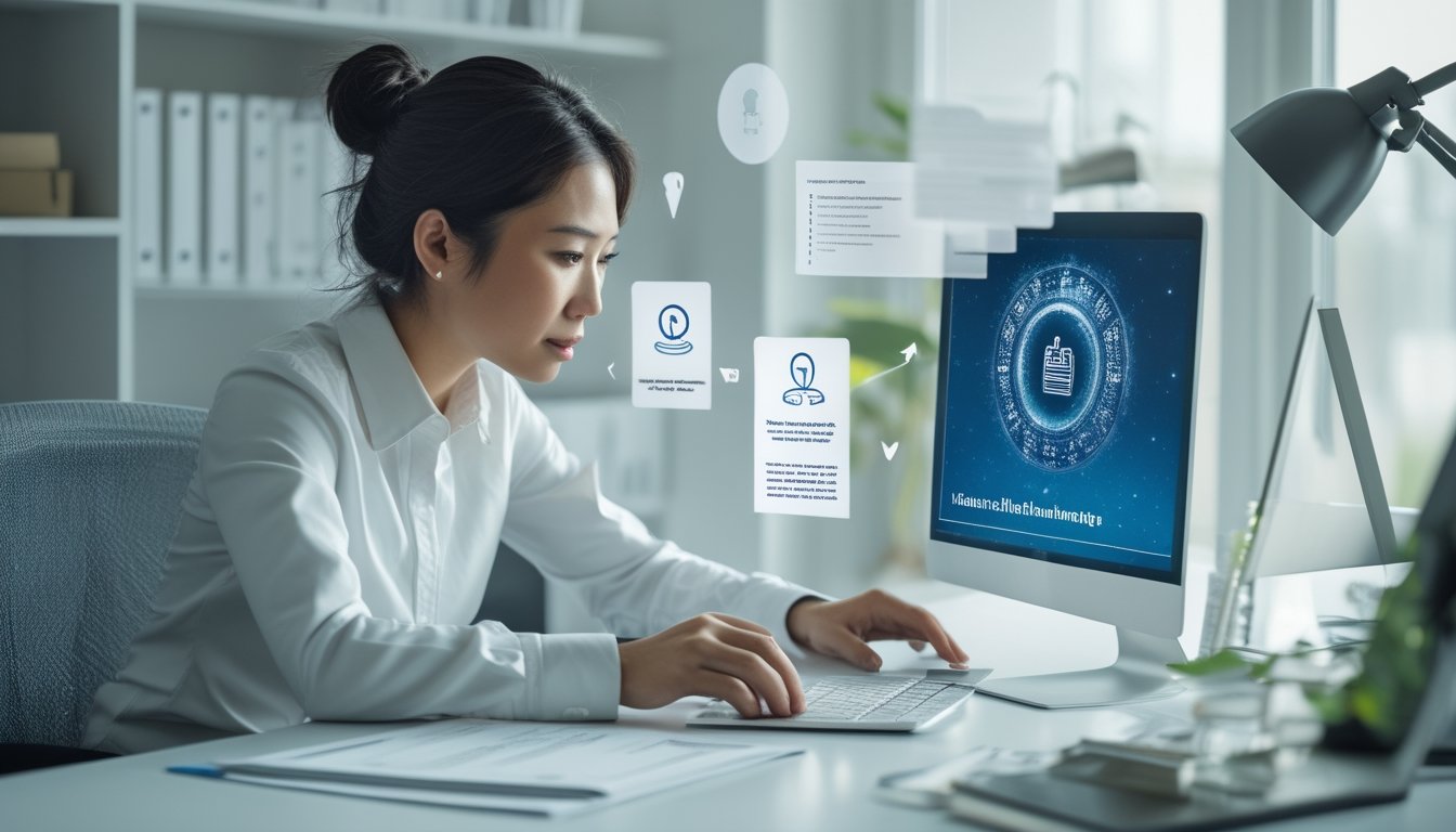 Seorang profesional memeriksa keamanan dan dokumen legalitas platform digital di meja kerja.