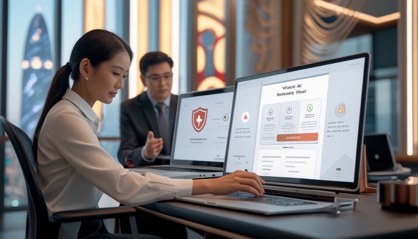 Seorang profesional memeriksa keamanan dan keaslian situs web di laptop dalam suasana kantor modern.