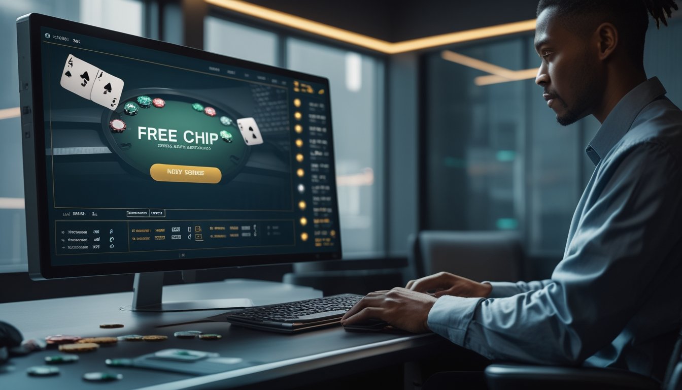 Seseorang menggunakan laptop dengan tampilan permainan poker online dan susunan kartu serta keping poker di meja.