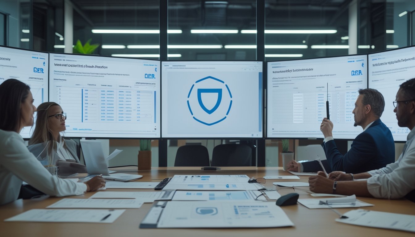 Tim profesional memeriksa dokumen dan keamanan platform digital di ruang kantor modern.
