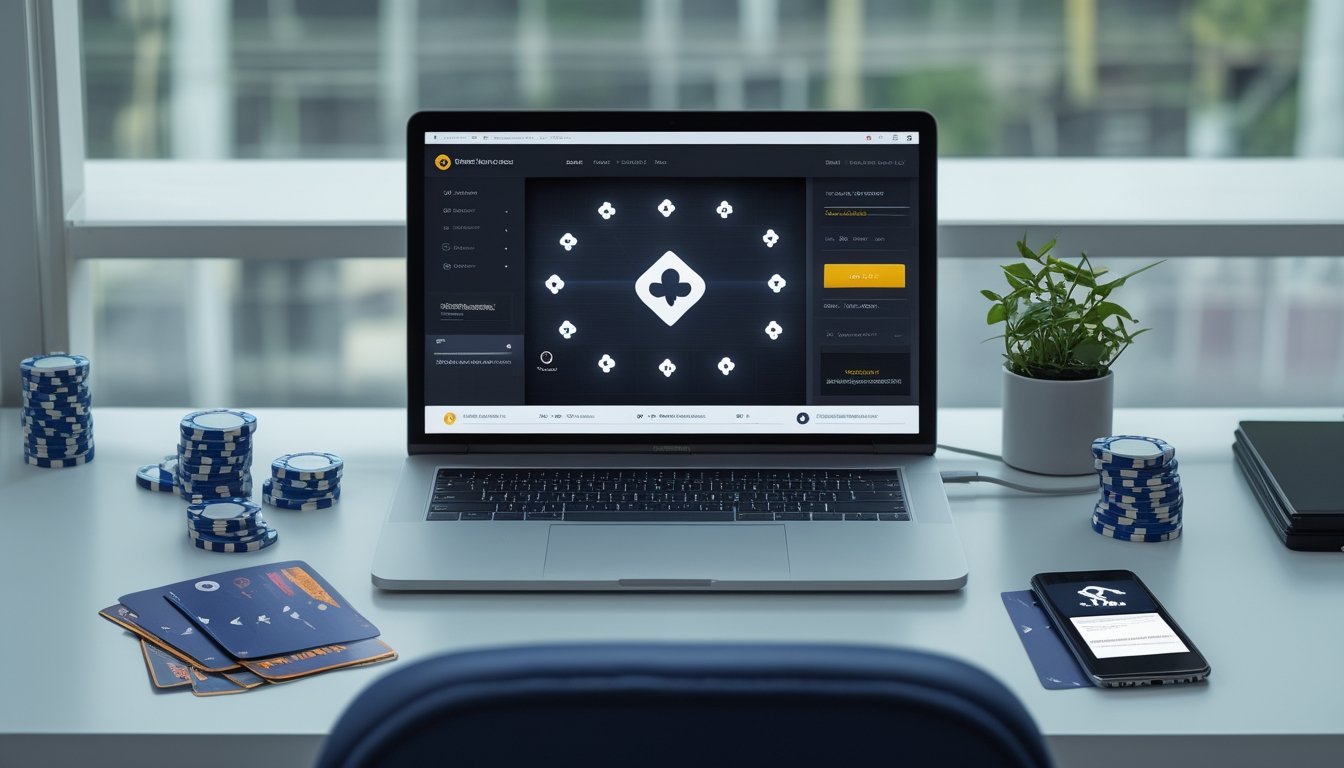 Seseorang memeriksa akun poker online di laptop dengan kartu dan keping poker di meja.