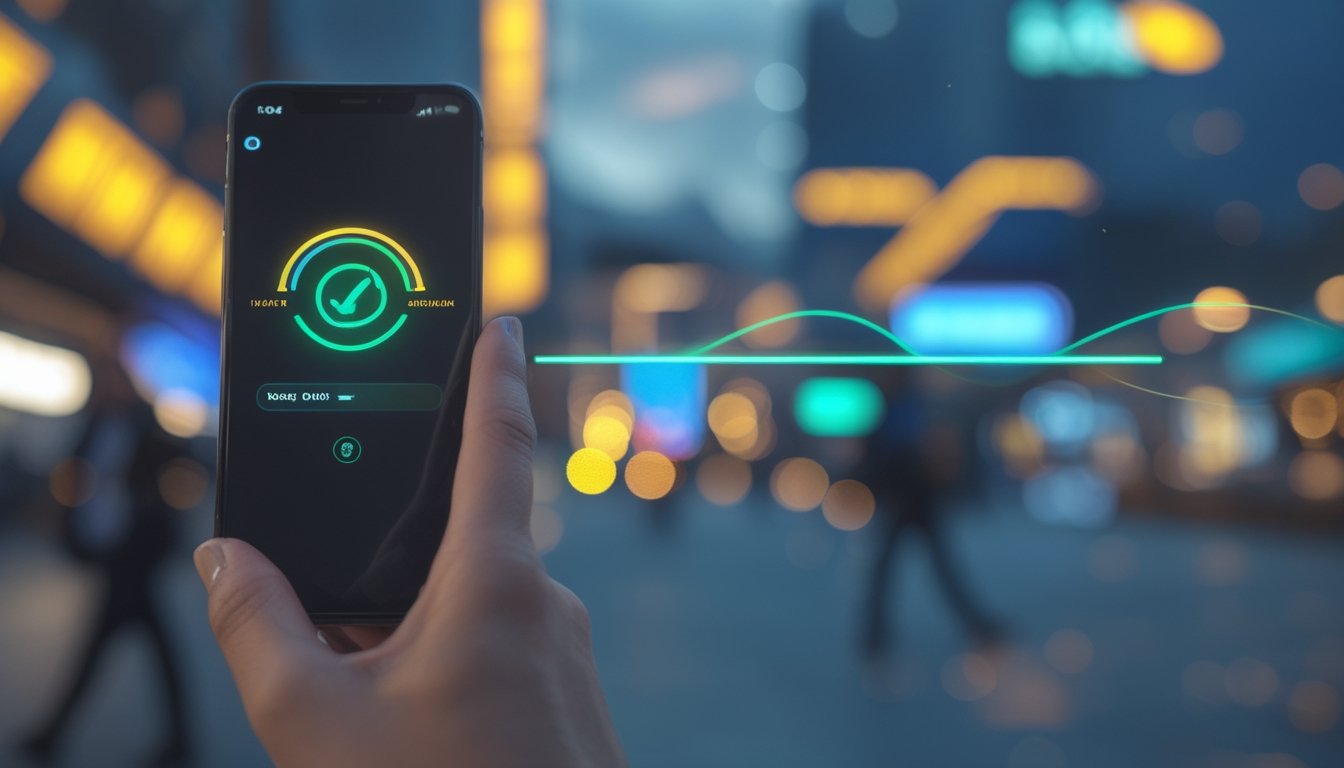 Tangan memegang ponsel dengan tampilan transaksi digital yang berhasil, berlatar suasana kota modern.