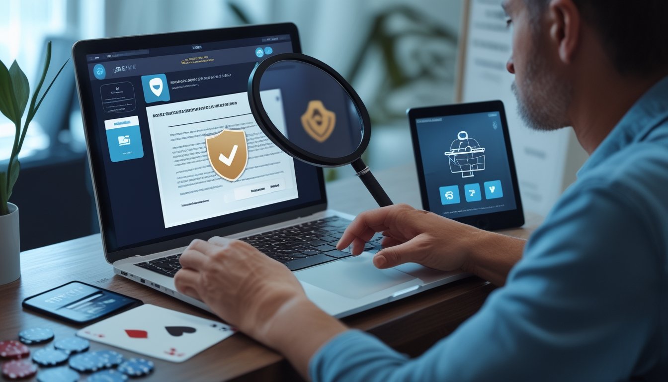 Seseorang memeriksa keamanan dan legalitas platform poker online di ruang kerja dengan laptop, dokumen, dan simbol perlindungan.