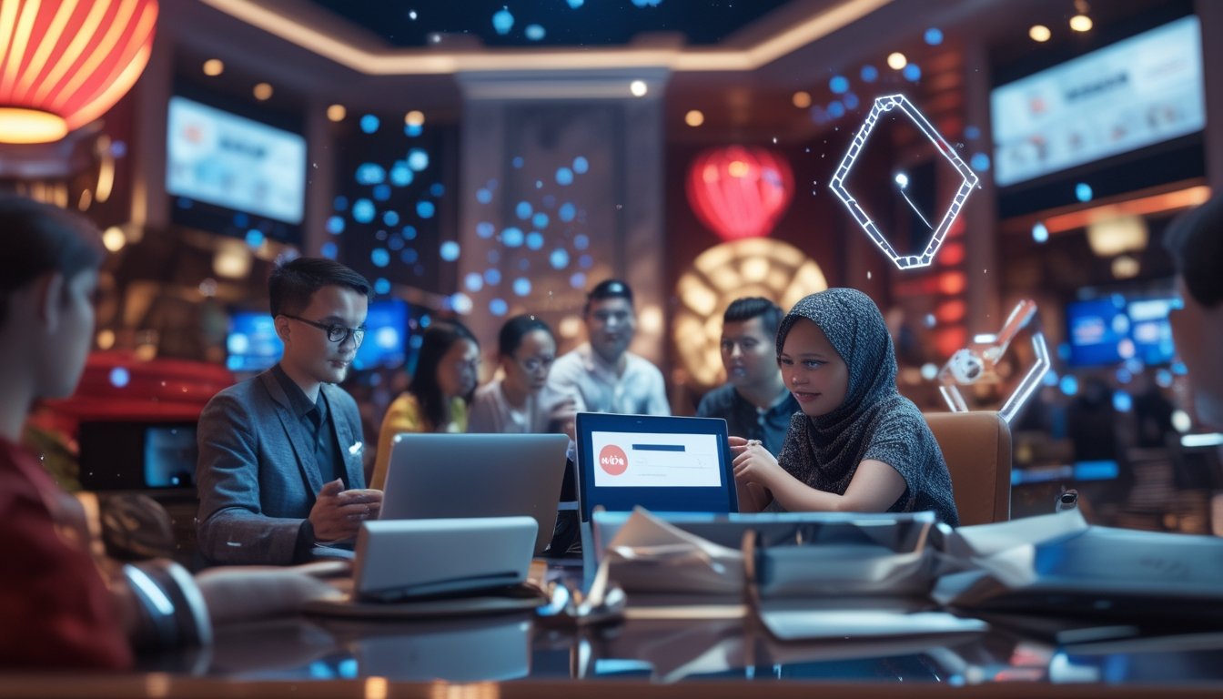 Orang dewasa Indonesia melihat platform digital premium di smartphone dan laptop dalam suasana modern bernuansa merah dan emas.