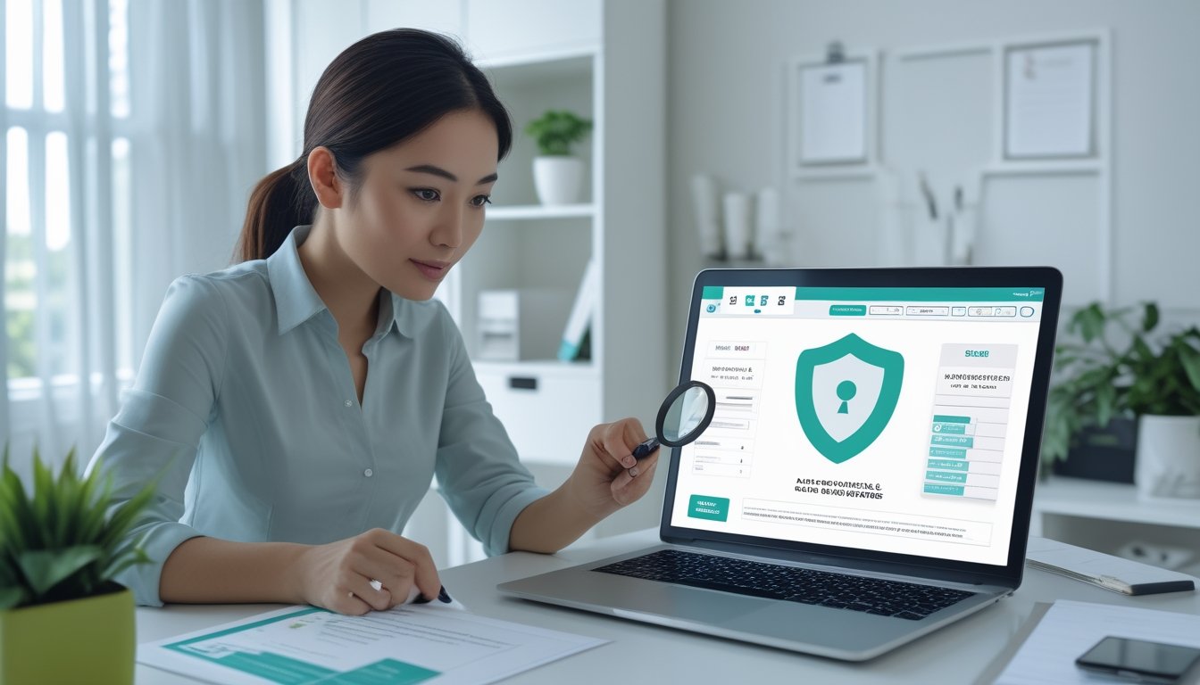 Seorang profesional memeriksa keamanan dan kredibilitas platform digital menggunakan laptop dengan dokumen dan simbol verifikasi di meja.