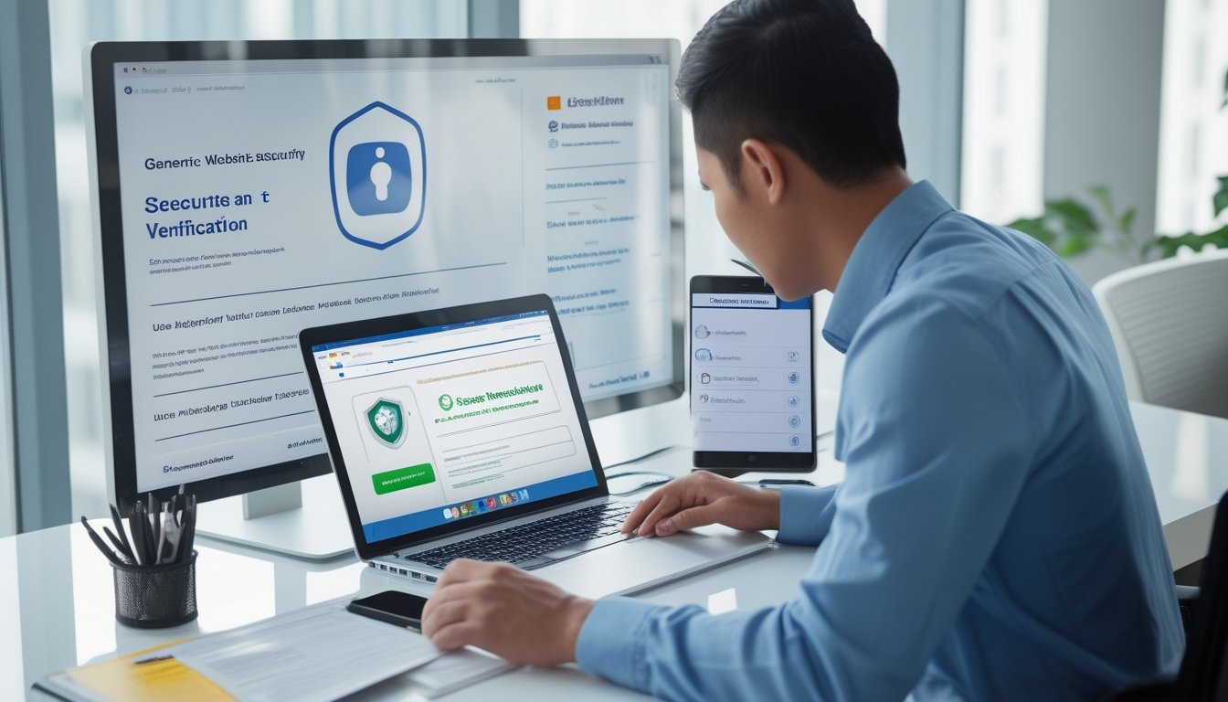 Seseorang memeriksa keamanan dan keabsahan situs web melalui laptop di meja kerja.