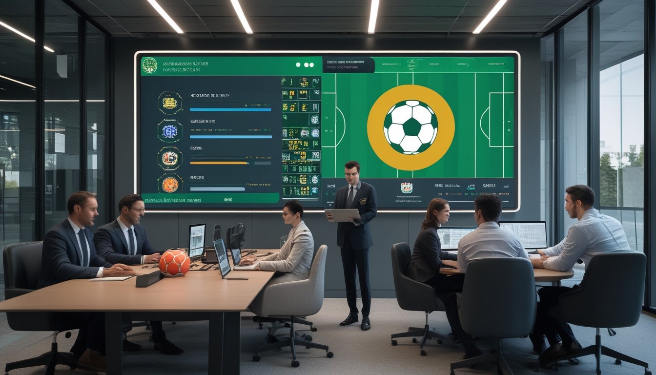 Tim profesional menganalisis data pertandingan sepak bola di kantor modern.