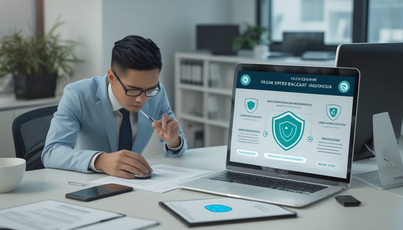 Seorang analis memeriksa keamanan dan dokumen legalitas platform digital menggunakan laptop di ruang kerja modern.