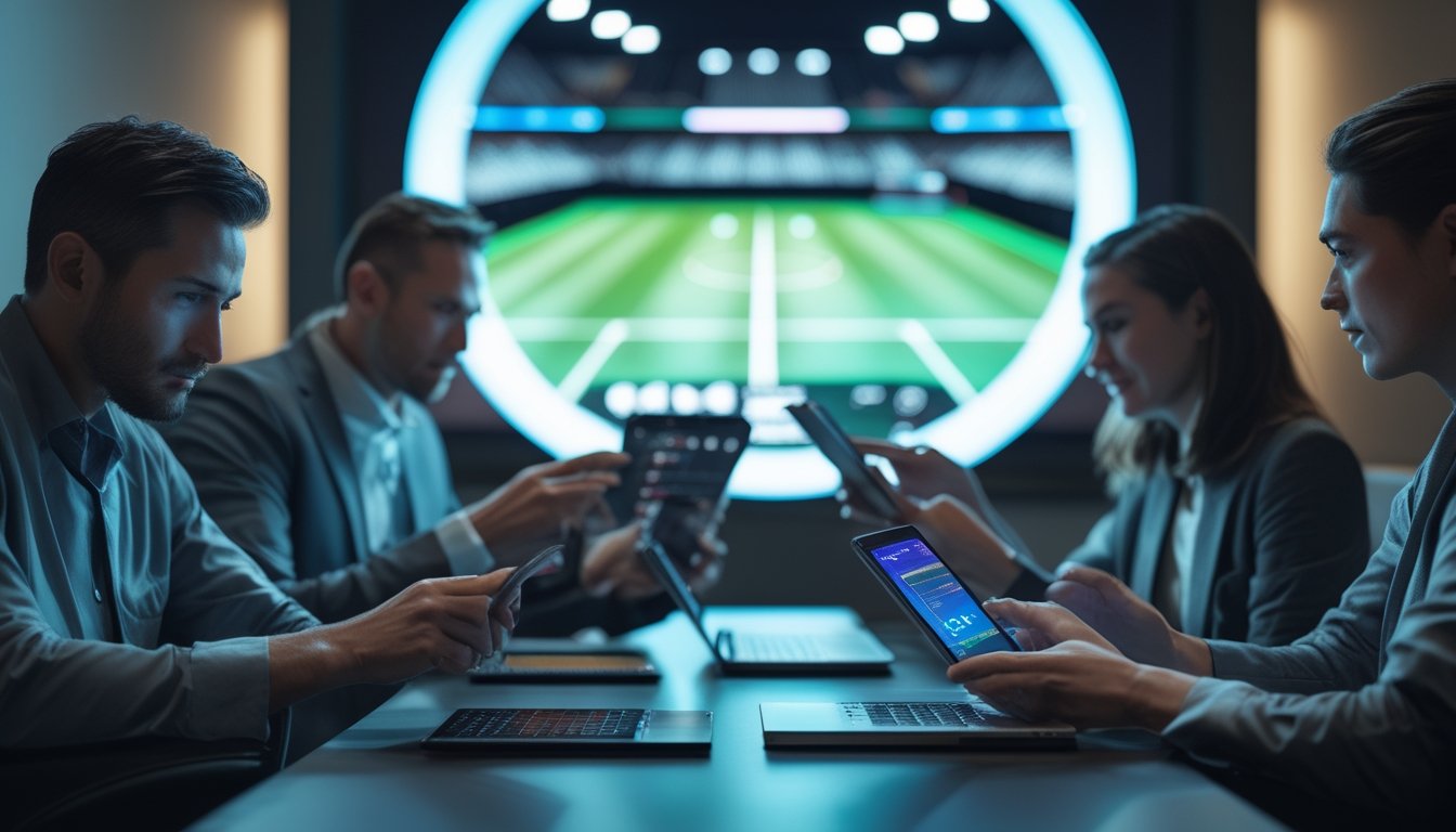 Sekelompok orang dewasa mengikuti pertandingan sepak bola melalui perangkat digital di ruang modern.