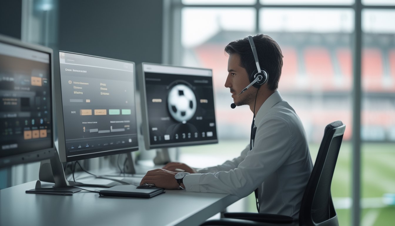 Petugas layanan pelanggan memakai headset membantu pengguna di pusat layanan modern dengan nuansa sepak bola.