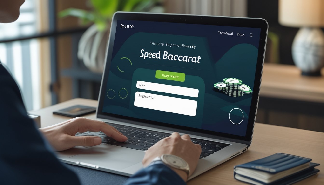 Seseorang menggunakan laptop dengan tampilan pendaftaran permainan baccarat dan beberapa keping chip di meja.