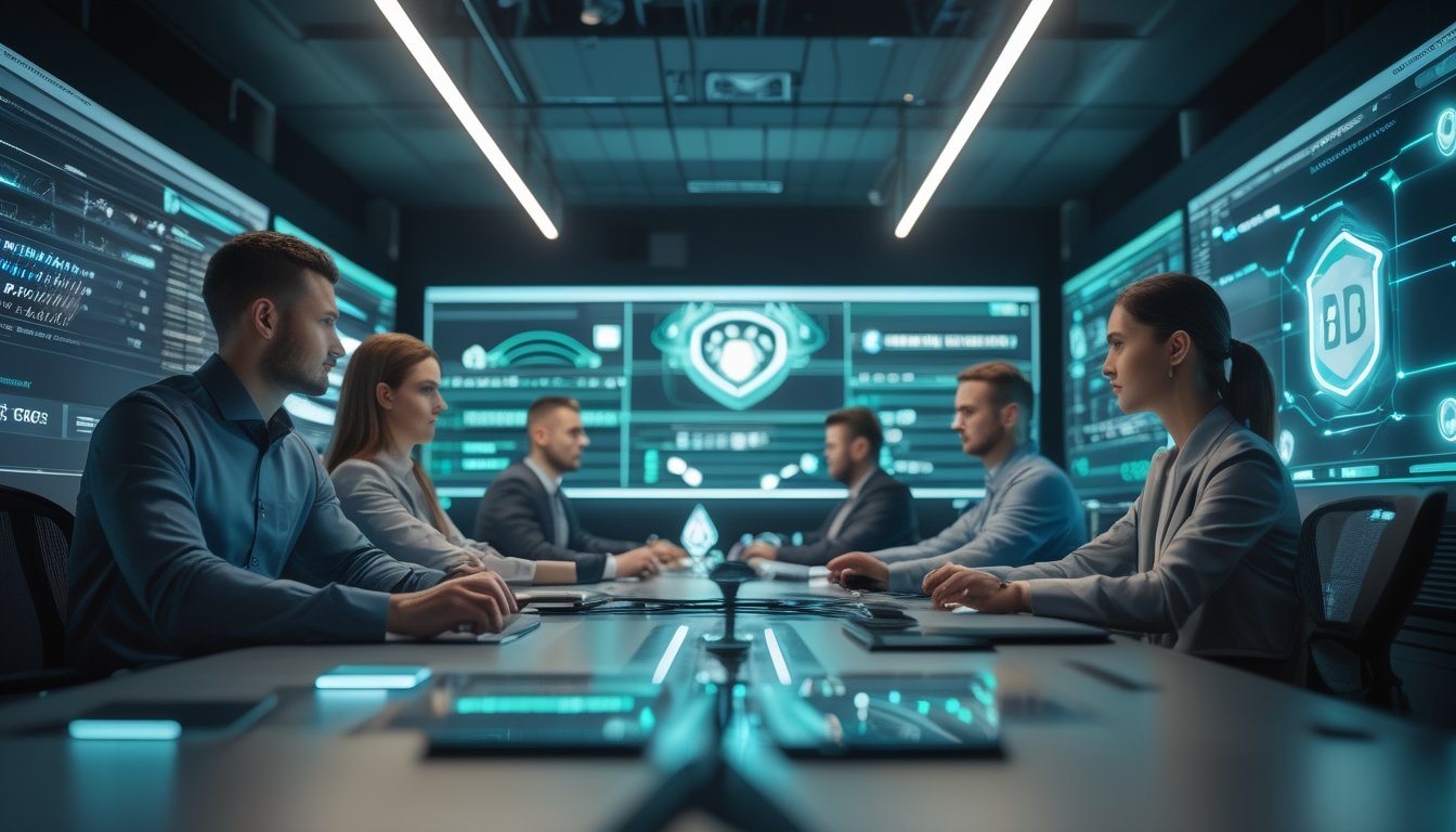 Tim keamanan siber memantau platform olahraga digital yang terlindungi di ruang operasi modern.