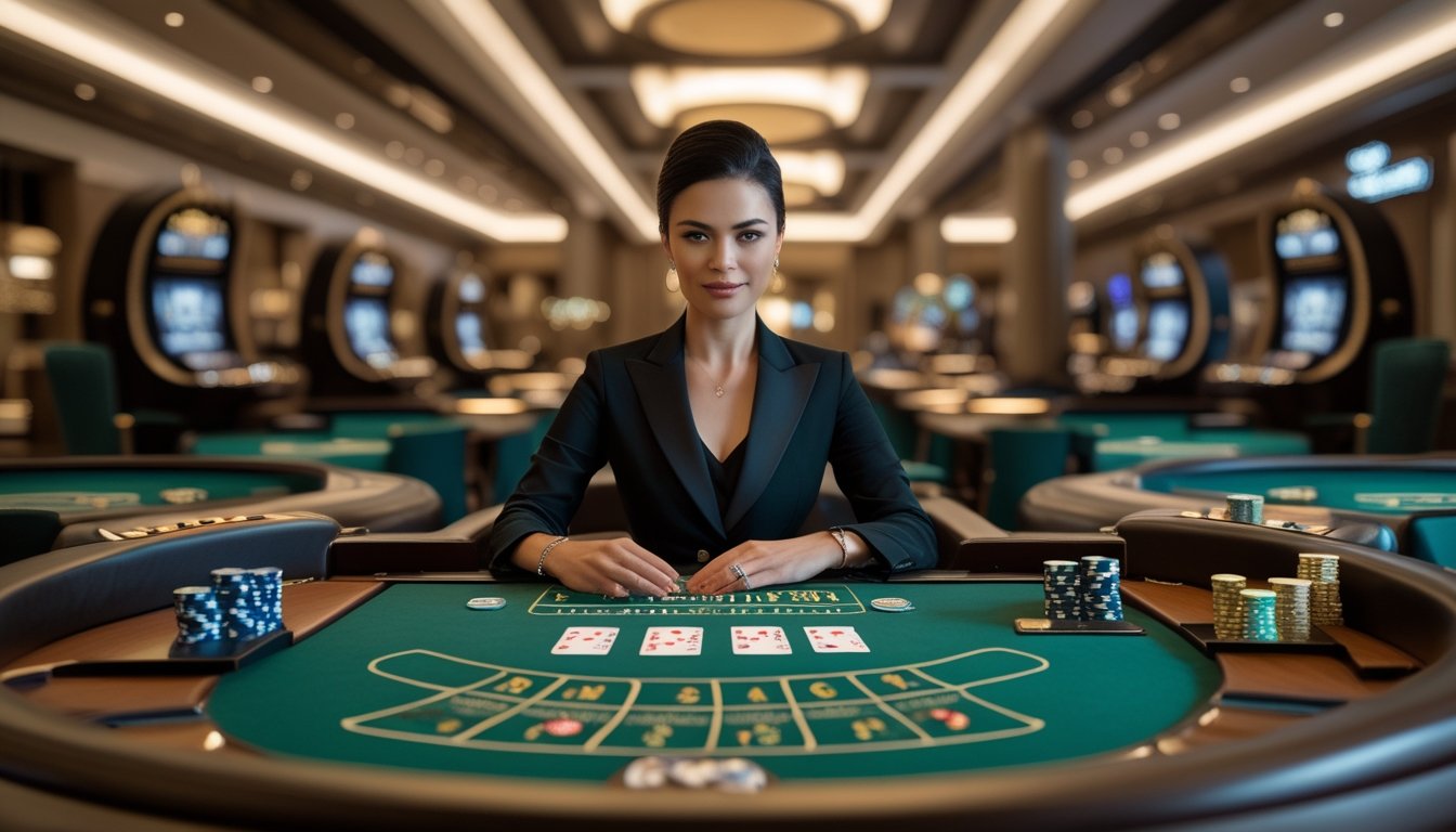 Dealer membagikan kartu di meja baccarat live dengan chip dan beberapa meja permainan terlihat di latar belakang.