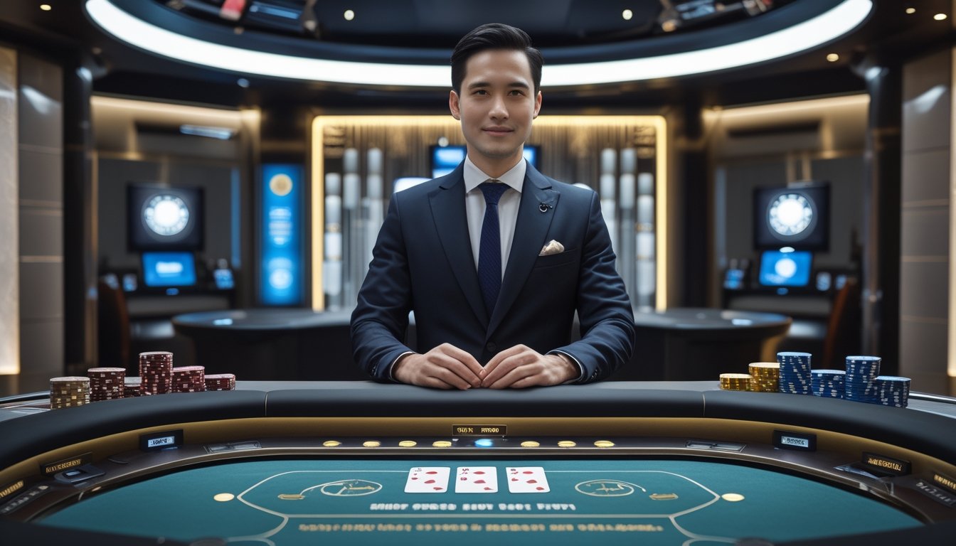 Dealer profesional memandu permainan baccarat langsung di studio kasino modern dengan meja dan perlengkapan yang tertata rapi.
