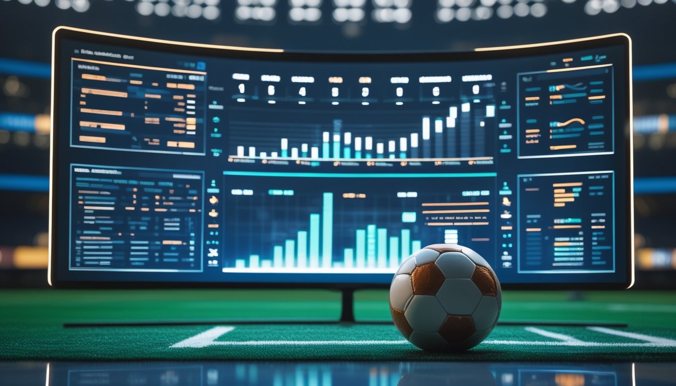 Bola sepak di depan layar analitik pertandingan dengan grafik perbandingan peluang taruhan.