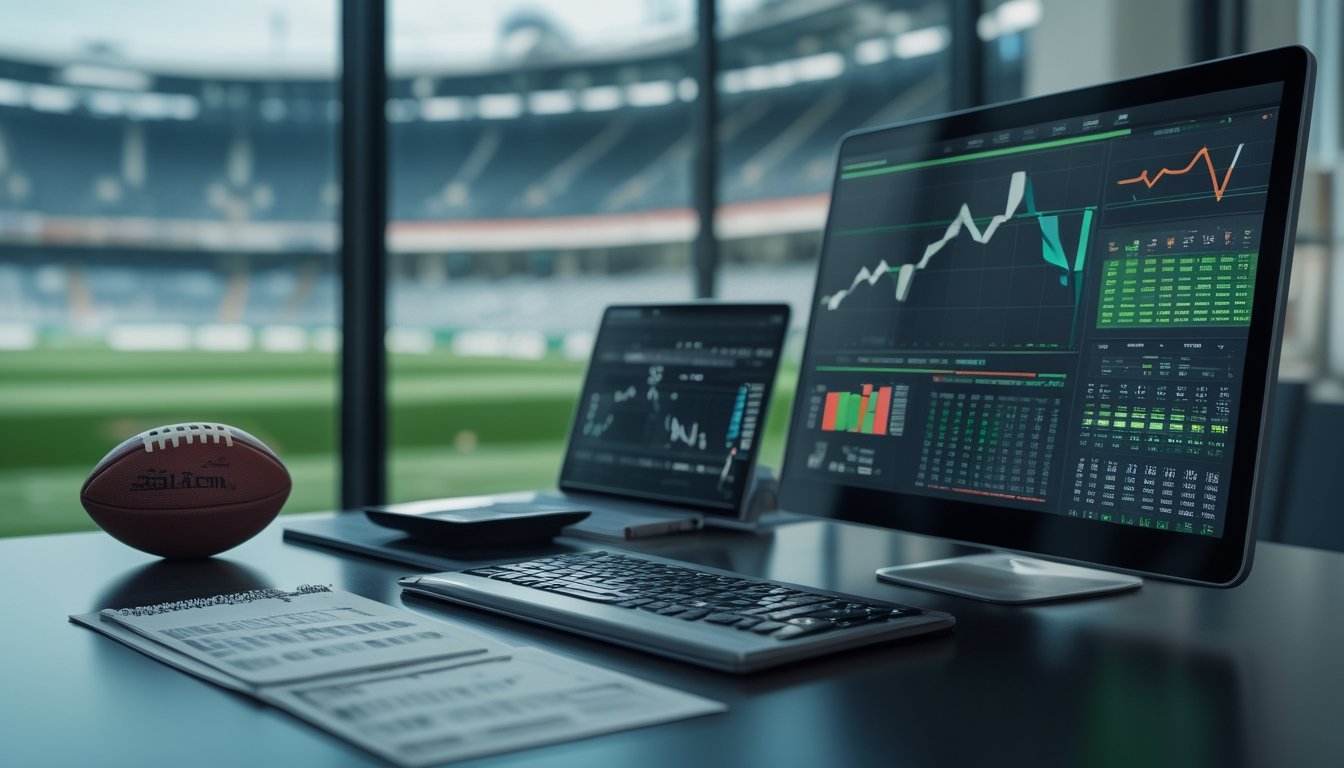 Meja analisis dengan perangkat digital, grafik statistik, dan suasana stadion sepak bola di latar belakang.