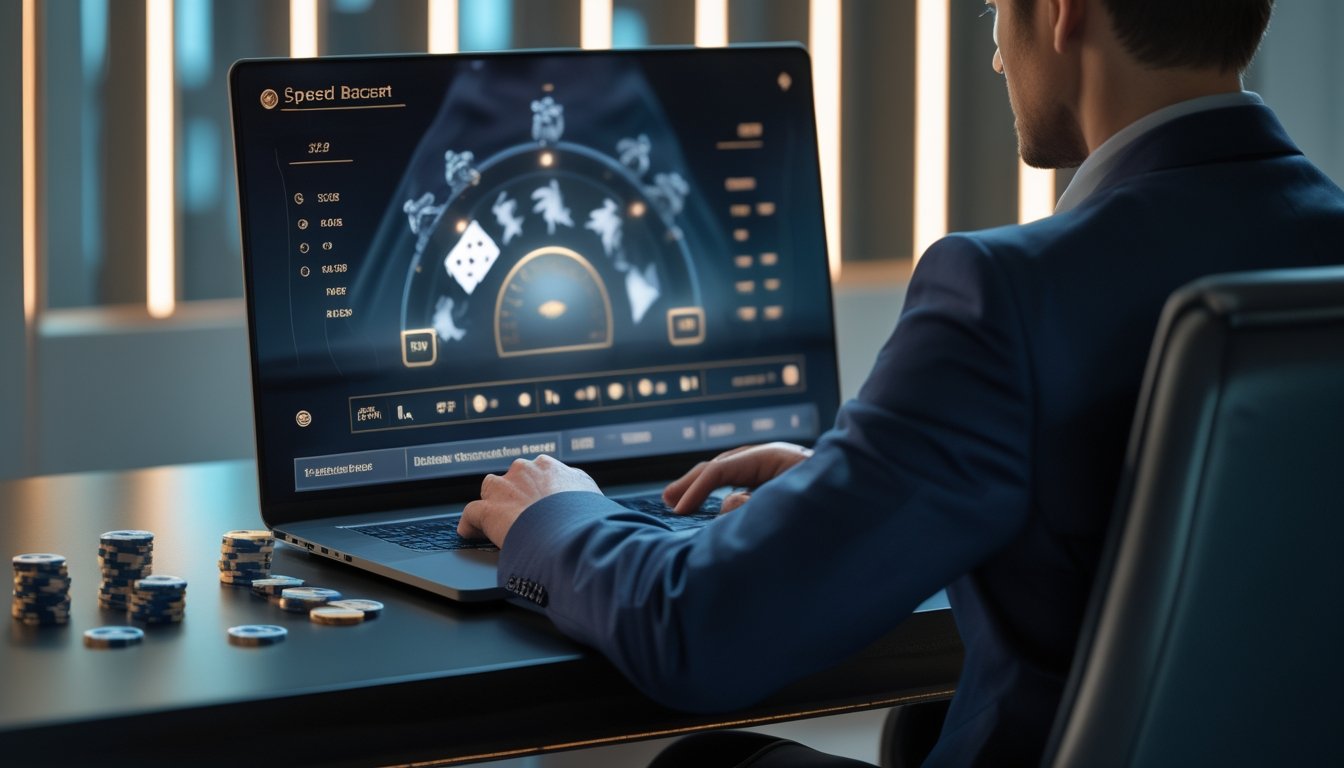 Seseorang menganalisis permainan baccarat digital di depan laptop dengan kartu dan keping kasino di meja.