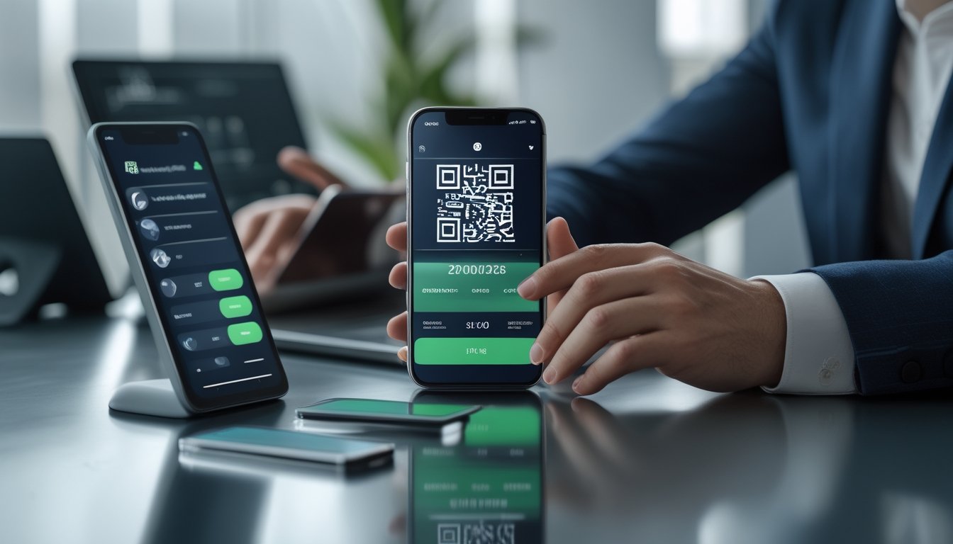 Tangan menggunakan ponsel untuk pembayaran digital di samping bola sepak dan perangkat elektronik lainnya.