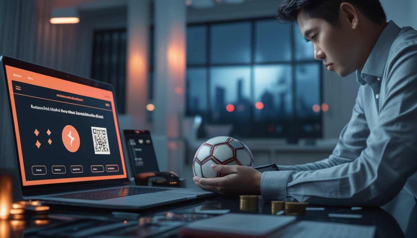 Tangan seseorang ragu di atas ponsel dan pola QR di samping bola, laptop, kalkulator, serta simbol peringatan.