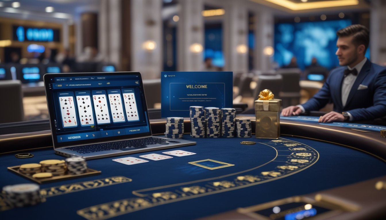 Meja baccarat elegan dengan kartu, keping kasino, dealer profesional, dan perangkat digital dalam suasana kasino modern.