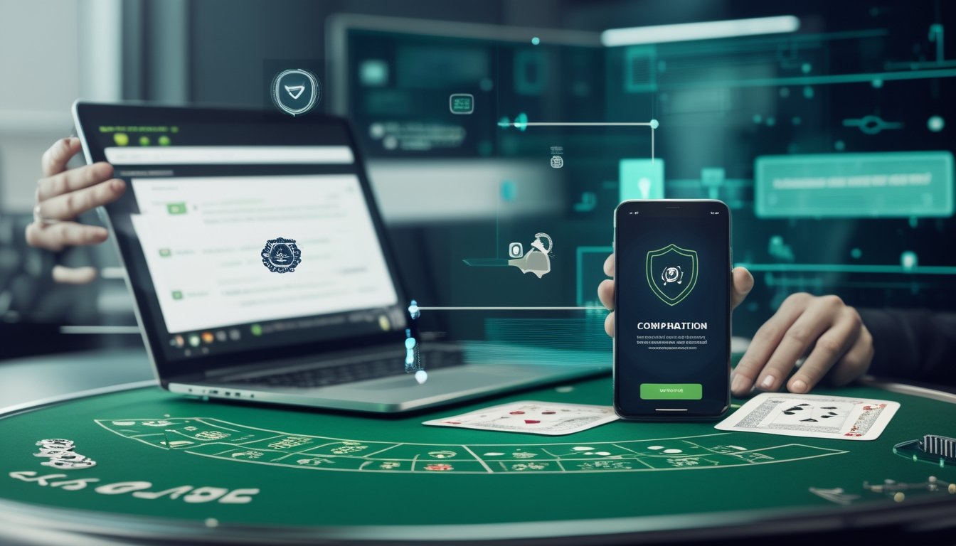 Profesional memeriksa keamanan dan legalitas platform digital menggunakan laptop dan ponsel.