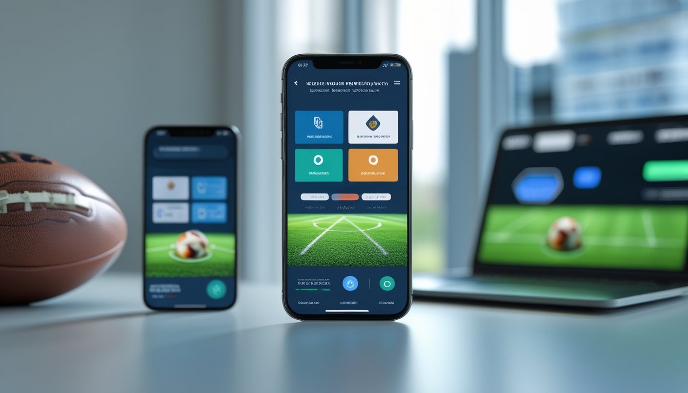 Dua ponsel menampilkan antarmuka pertandingan sepak bola di atas meja modern dengan sebuah bola di sampingnya.