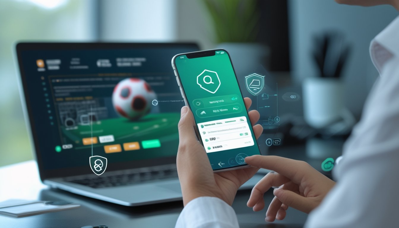 Seseorang memeriksa platform olahraga seluler menggunakan ponsel di meja kerja modern.