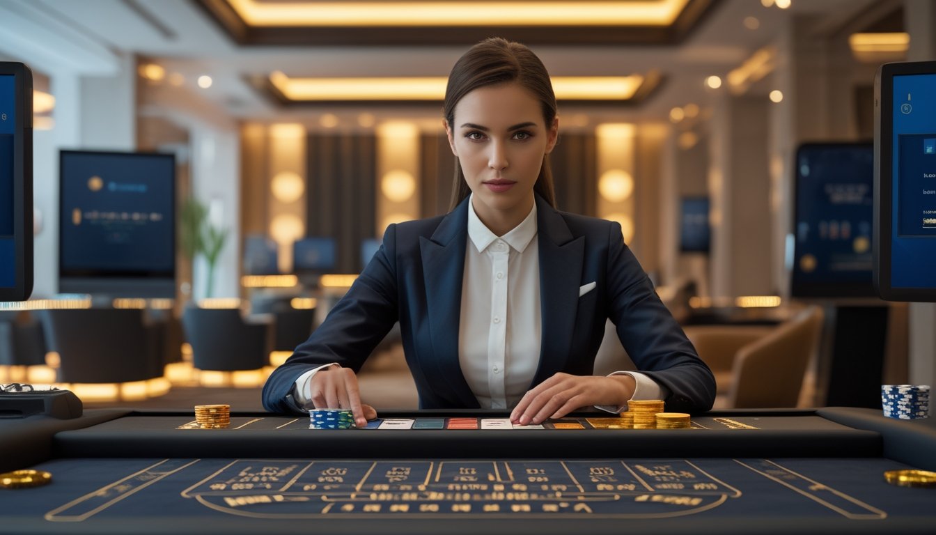 Seorang dealer wanita duduk di meja baccarat dengan kartu dan keping taruhan dalam suasana kasino mewah.
