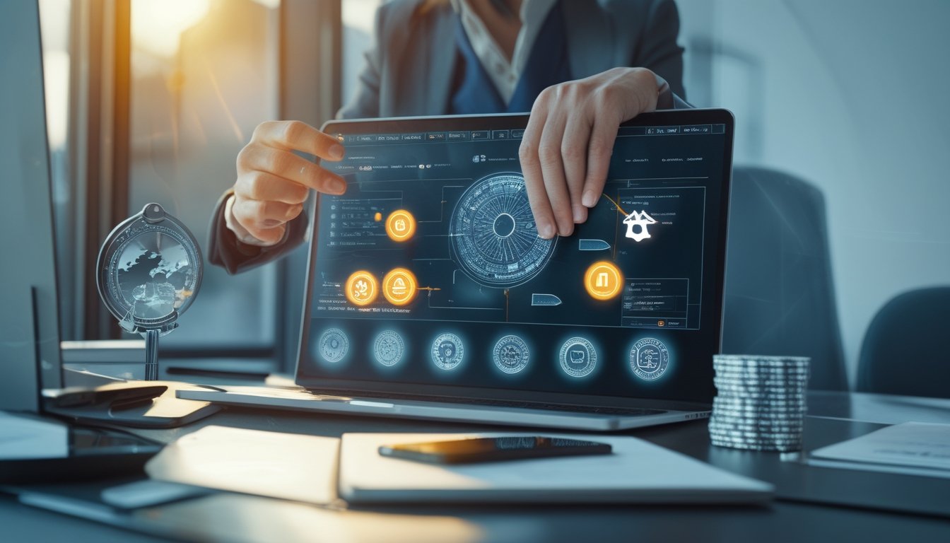 Profesional memeriksa keamanan dan legalitas platform digital menggunakan laptop, dokumen, serta simbol verifikasi dan perlindungan.