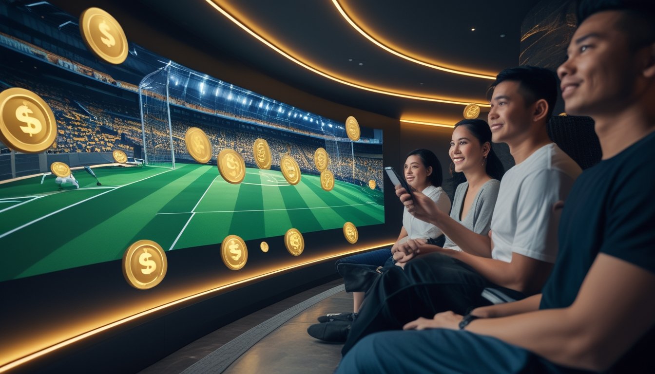 Sekelompok orang dewasa menikmati suasana lounge modern dengan tampilan stadion sepak bola bercahaya dan nuansa hadiah digital.