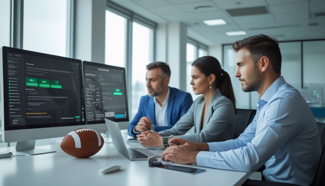 Tim profesional memeriksa platform taruhan bola dengan elemen keamanan dan verifikasi di ruang kerja modern.