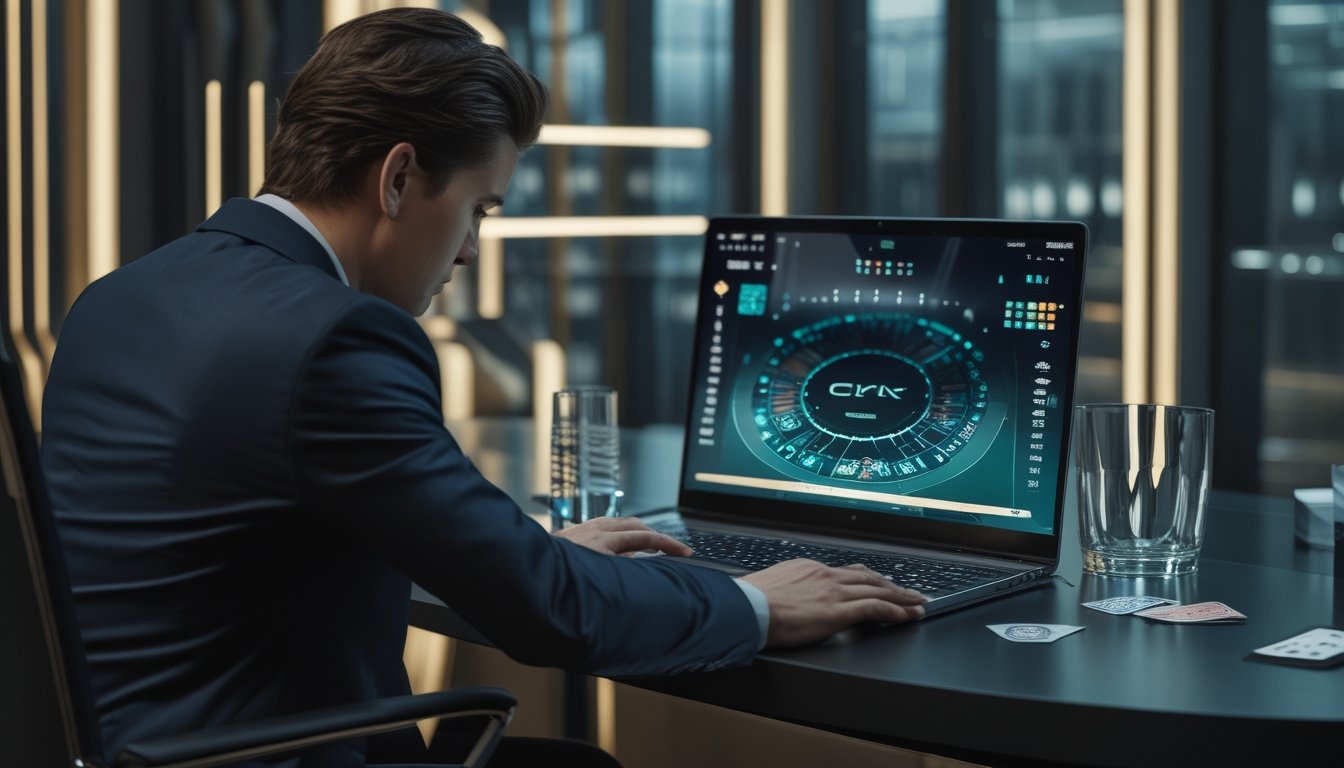 Seorang pemain dewasa menggunakan laptop dengan tampilan permainan baccarat abstrak di ruangan modern yang elegan.