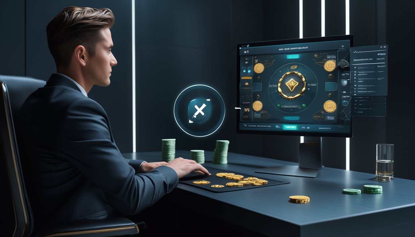 Pemain dewasa melihat antarmuka permainan baccarat digital dengan simbol keamanan di lingkungan modern.