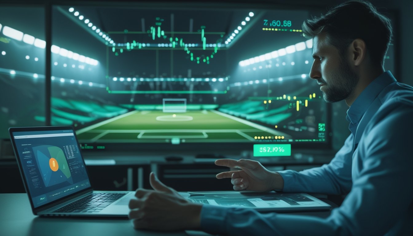Orang dewasa melihat analisis pertandingan sepak bola di laptop dan ponsel dengan suasana stadion di latar belakang.