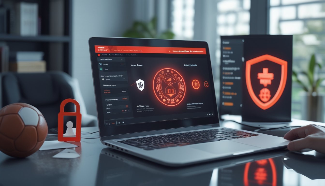 Laptop menampilkan analisis pertandingan sepak bola dengan simbol keamanan internet dan bola di meja.