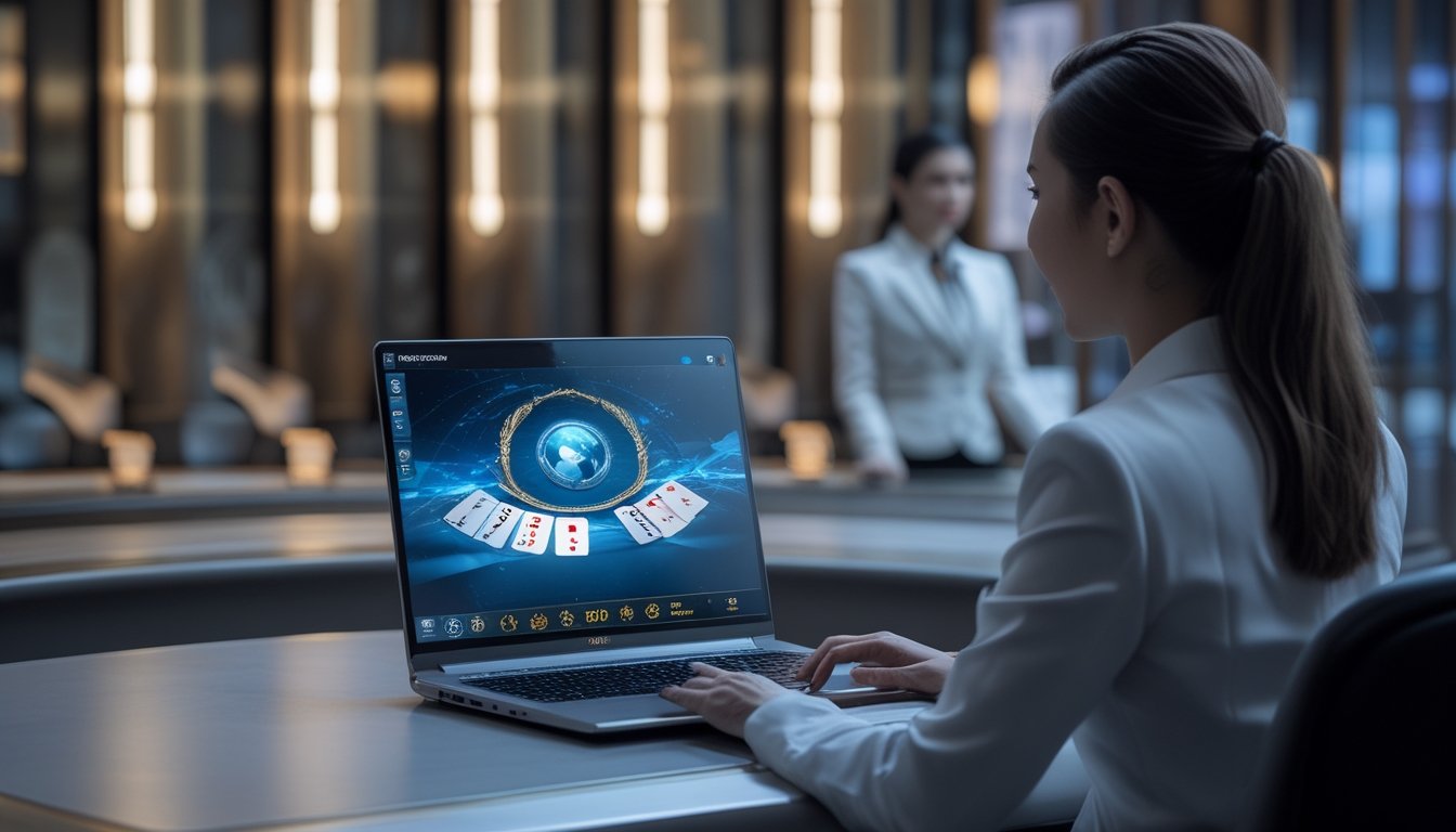 Pemain dewasa menggunakan laptop dengan tampilan permainan baccarat abstrak di ruang modern, dengan simbol keamanan dan dunia di latar belakang.