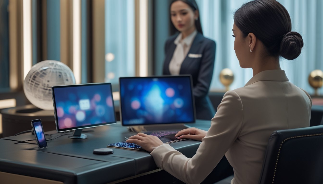 Pemain duduk di depan perangkat digital dengan suasana meja baccarat modern dan simbol globe.