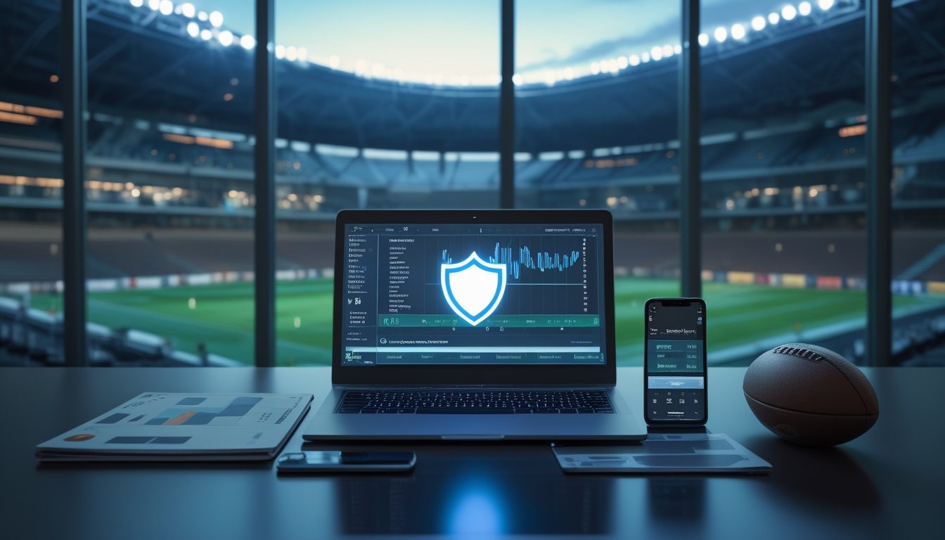Meja kerja modern dengan laptop berisi analisis pertandingan sepak bola, ponsel, bola, dan stadion yang terlihat melalui jendela.
