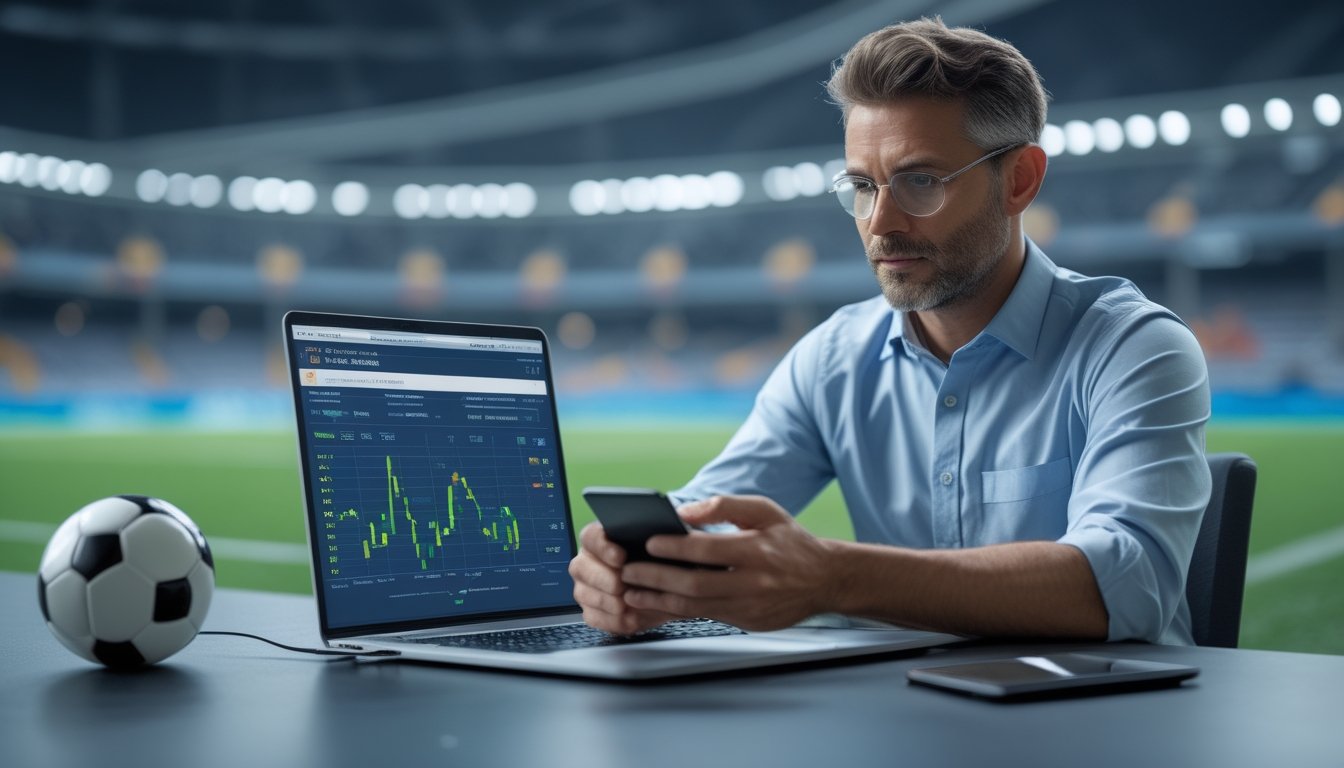 Analis olahraga meninjau statistik pertandingan sepak bola di laptop dan ponsel di dekat bola sepak.